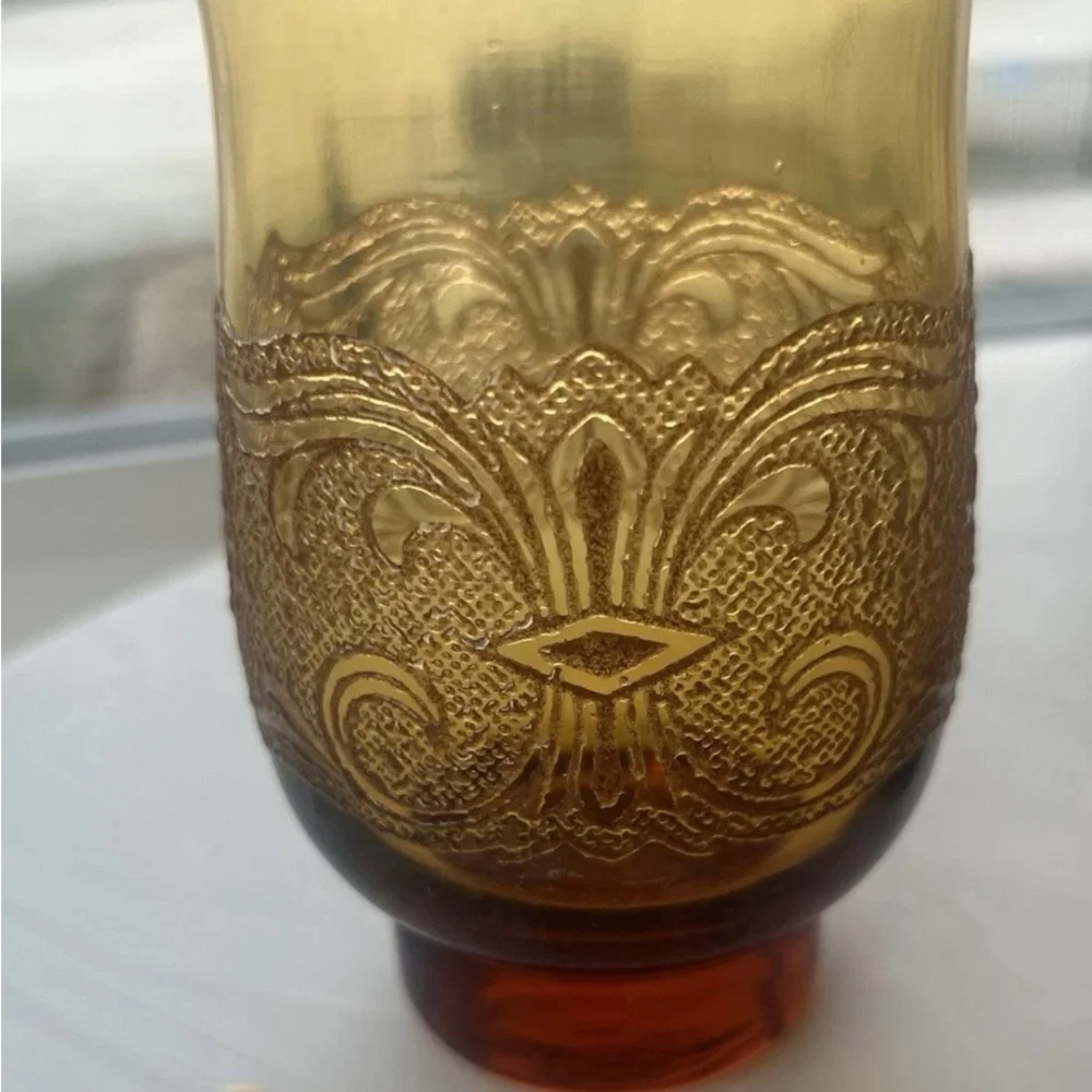 FREE GIFT! Libbey Americana Amber Lace embossed glass tumbler candle holder Boho - Picture 2 of 6